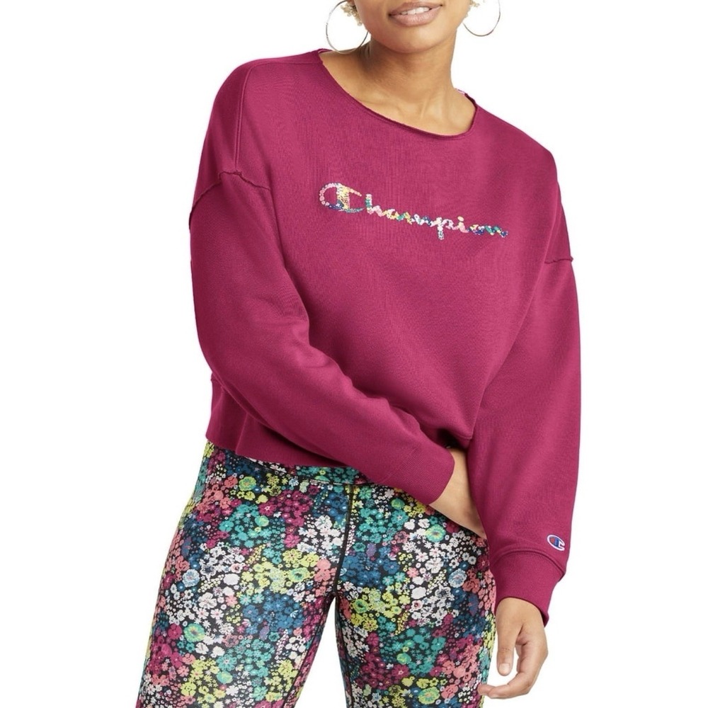 Champion Sweatshirt French Terry Floral Logo Raw Neckline Pink Magenta Women's M